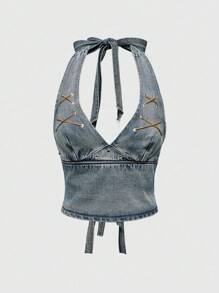 ROMWE Hippie Vintage Western Cowgirl Knotted Sexy Crop Top - Blue - View 1