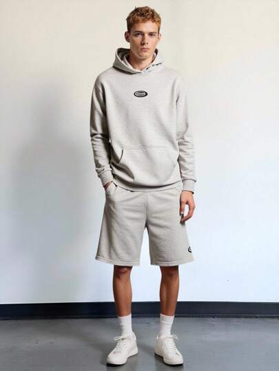 SHEIN 2 件套青少年休闲街头风格纯色舒适连帽运动衫和短裤，适合通勤、上学、日常休闲、度假、运动、春夏季