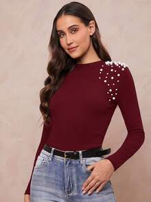 Amorya Women's Knitted Long Sleeve Fitted Elegant T-Shirt With Faux Pearl Decor
