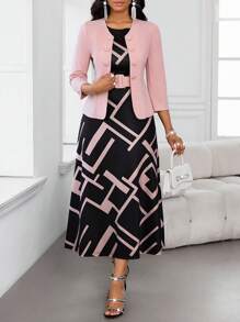 SHEIN Lady 女士优雅通勤纯色夹克和几何印花无袖连衣裙两件套 - 彩色 - 查看 8