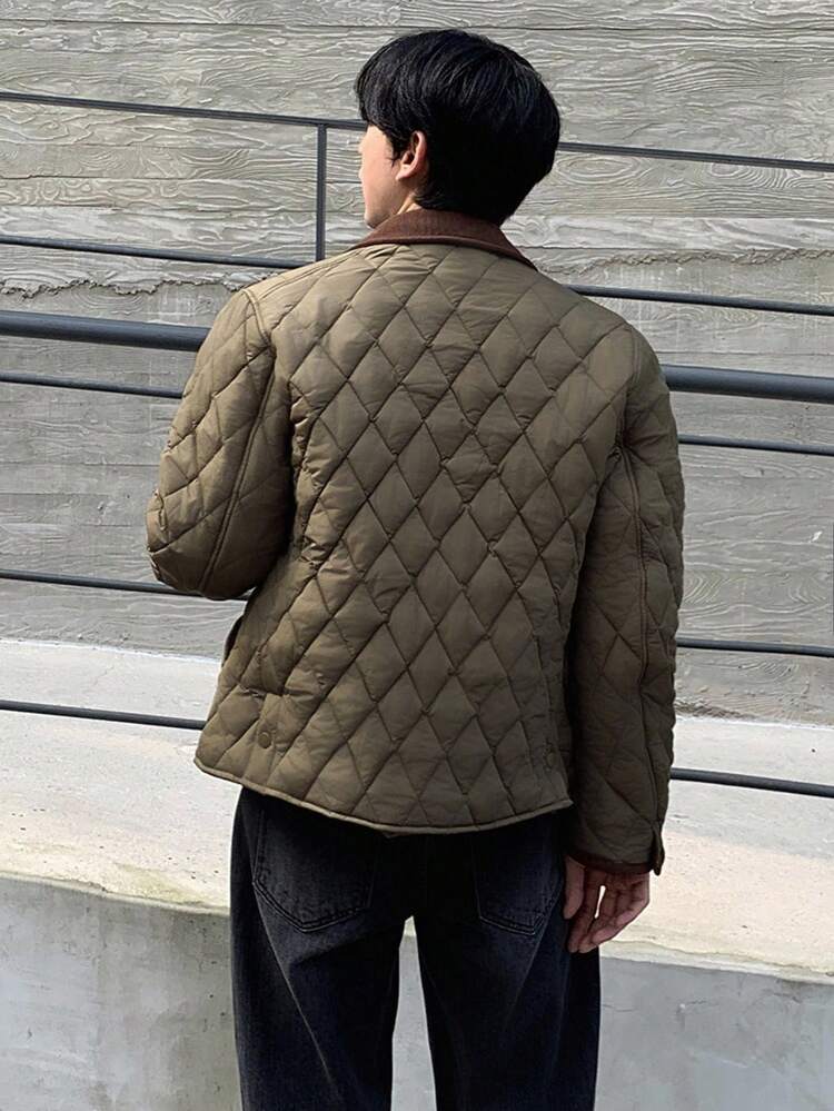 Men's Winter Quilted Padded Coat With Textured Brown Collar, Military Green Jacket