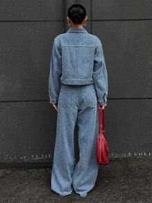 DAZY Women's Casual Textured Denim Jacket And Wide Leg Jeans Set, Autumn,Fall Women Clothes - Blue - View 2