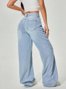 SHEIN PETITE 女式简约蓝色休闲牛仔裤 - 淺色水洗藍 - 查看 2