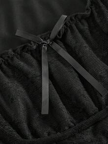 SHEIN MOD 大码女式黑色文胸罩杯褶皱方领喇叭袖T恤 - 黑色 - 查看 3