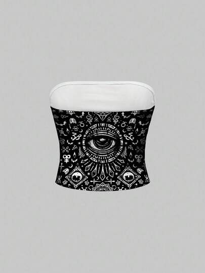 Goth Gothic Dark Forest Witch Mysterious Horror Midnight Eye Cross Moth Sun Moon Constellation Black White All-Over Print Camisole Top For Halloween
