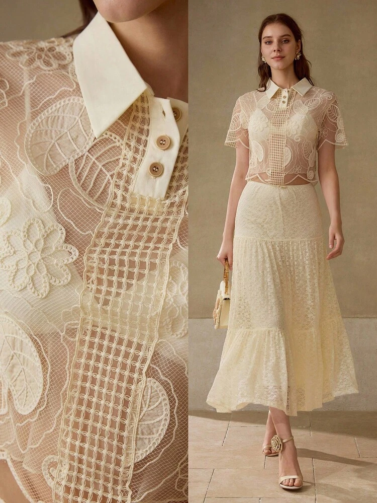 EMBROIDERY MESH POLO COLLAR SHEER TOP WITHOUT BRA