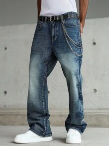 Manfinity EMRG Men's Light Blue Washed Stretch Skinny Fit Fashionable Denim Wide Leg Jeans, Emo Style - Medium Wash - View 4