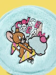 TOM & JERRY X SHEIN Geantă de pluș cu fermoar, brodată cu desene animate, pentru femei, albastră