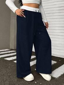 Muchica Pantalón de chándal holgado de talla grande con cintura en contraste azul marino