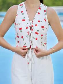 Andrea Bello 樱桃印花系带休闲度假女式衬衫 - 白色 - 查看 3