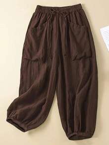 EMERY ROSE Plus Size Women's Solid Color Waist Tie Elastic Cuff Loose Casual Pants Fall - Brown - View 4