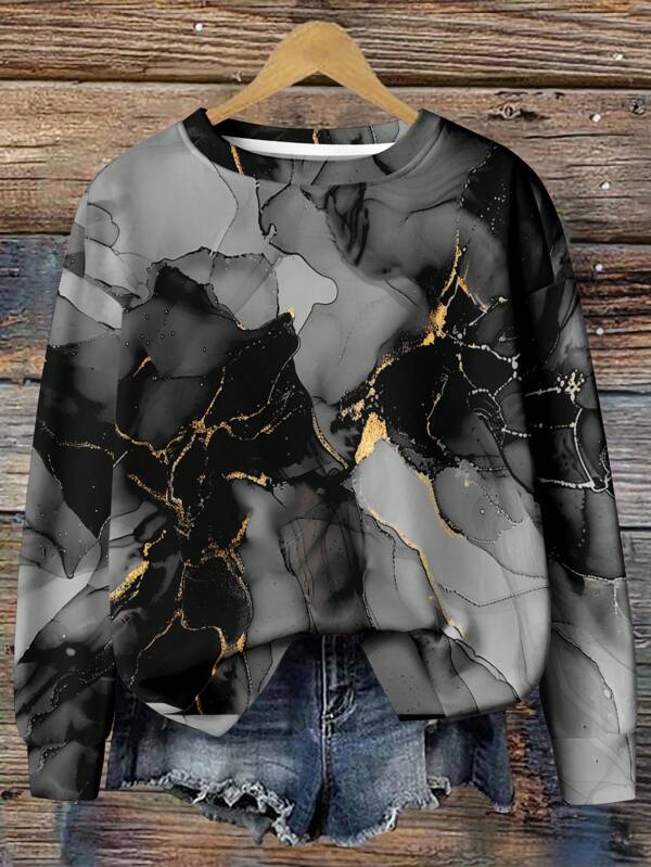 EMERY ROSE Ink Marble Texture Pattern Plus Size Women Sweatshirt