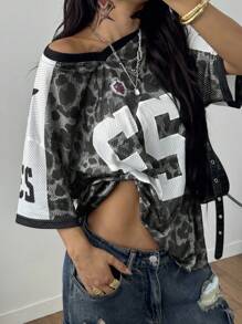 Coolane 女士夏季节日复古街头运动服数字印花超大棒球服 T 恤 - 灰色 - 查看 6