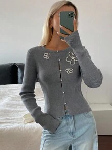 DAZY Cardigan tricoté élégant à col rond, manches longues, décoré de fleurs perlées, pour femmes, automne/hiver - Gris - Voir 5