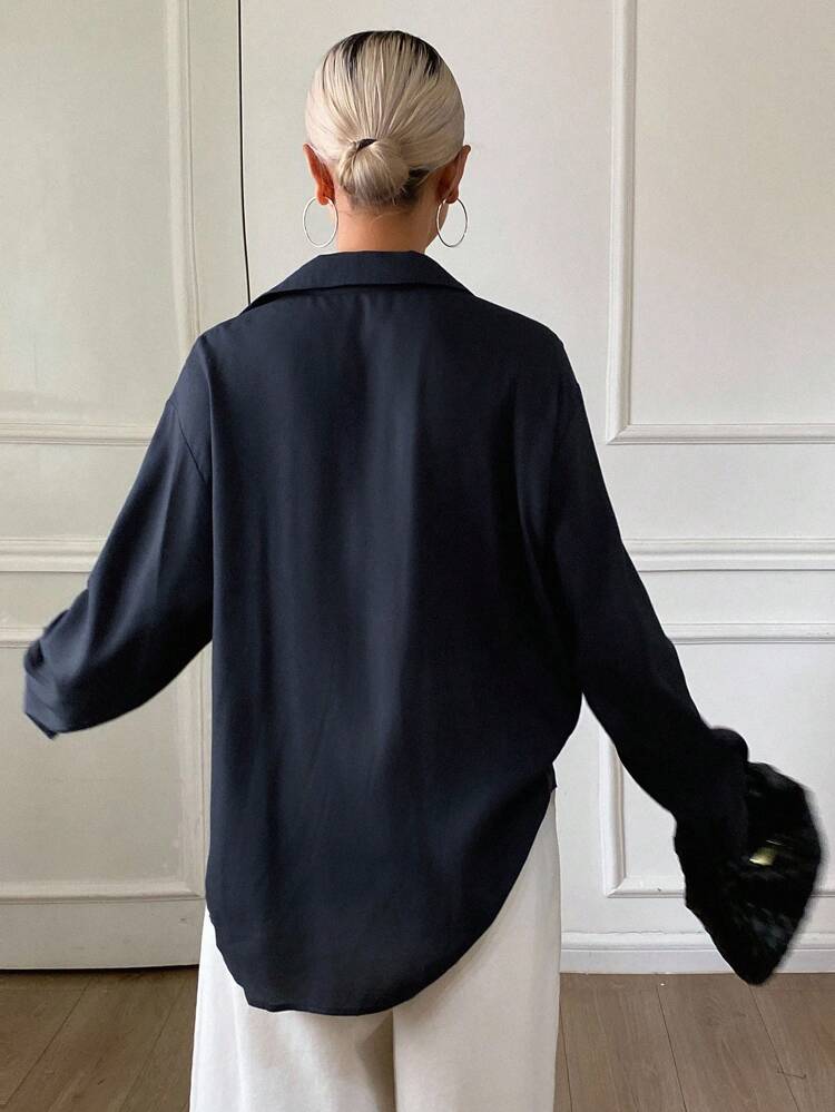 Women's Solid Color Loose Long Sleeve Contrast Lace Casual Elegant Blouse, Autumn/Winter