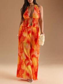 SHEIN BAE Plus Size Women's Textured Fabric Pleated Halter Top & Loose Wide Leg Pants Set/Spring/Fall Tie-Dye Pleated Camisole Top & Long Pleated Wide Leg Pants 2 Piece Set/Women Two Pieces Outfits For Daily Wear/Fall Clothes Plus Size/Halloween/Homecoming/Christmas/Going Out /Birthday Dresses For Women/Western Wear Women/Dresses For Women Party,Fall Clothes For Women - Orange - View 6