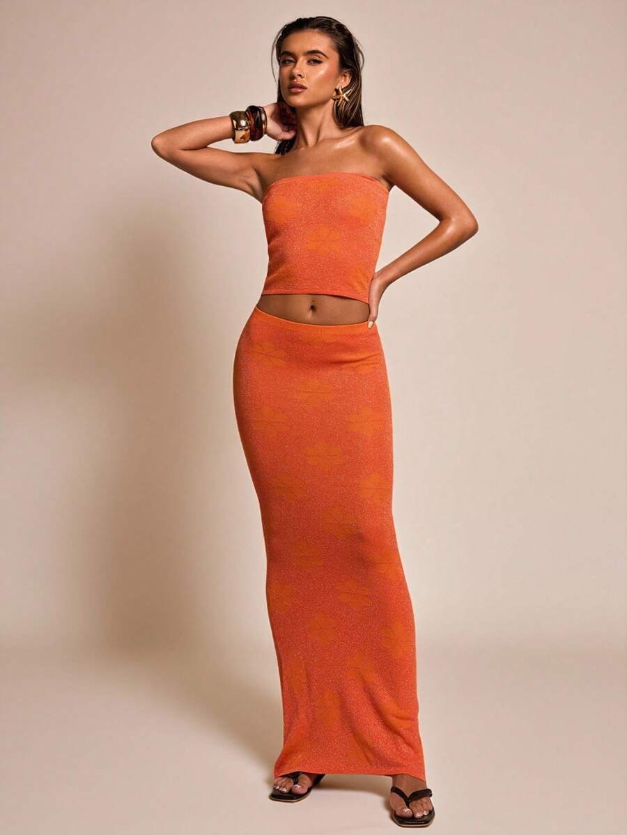 SHEIN BAE 两件套：性感女士橙色露脐抹胸针织衫和修身针织裙 - 橘色 - 查看 1