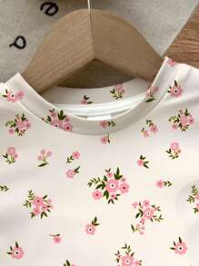 SHEIN Áo thun tay ngắn cổ tròn họa tiết hoa cho bé gái mặc ở nhà, mùa hè - trắng - Xem 5