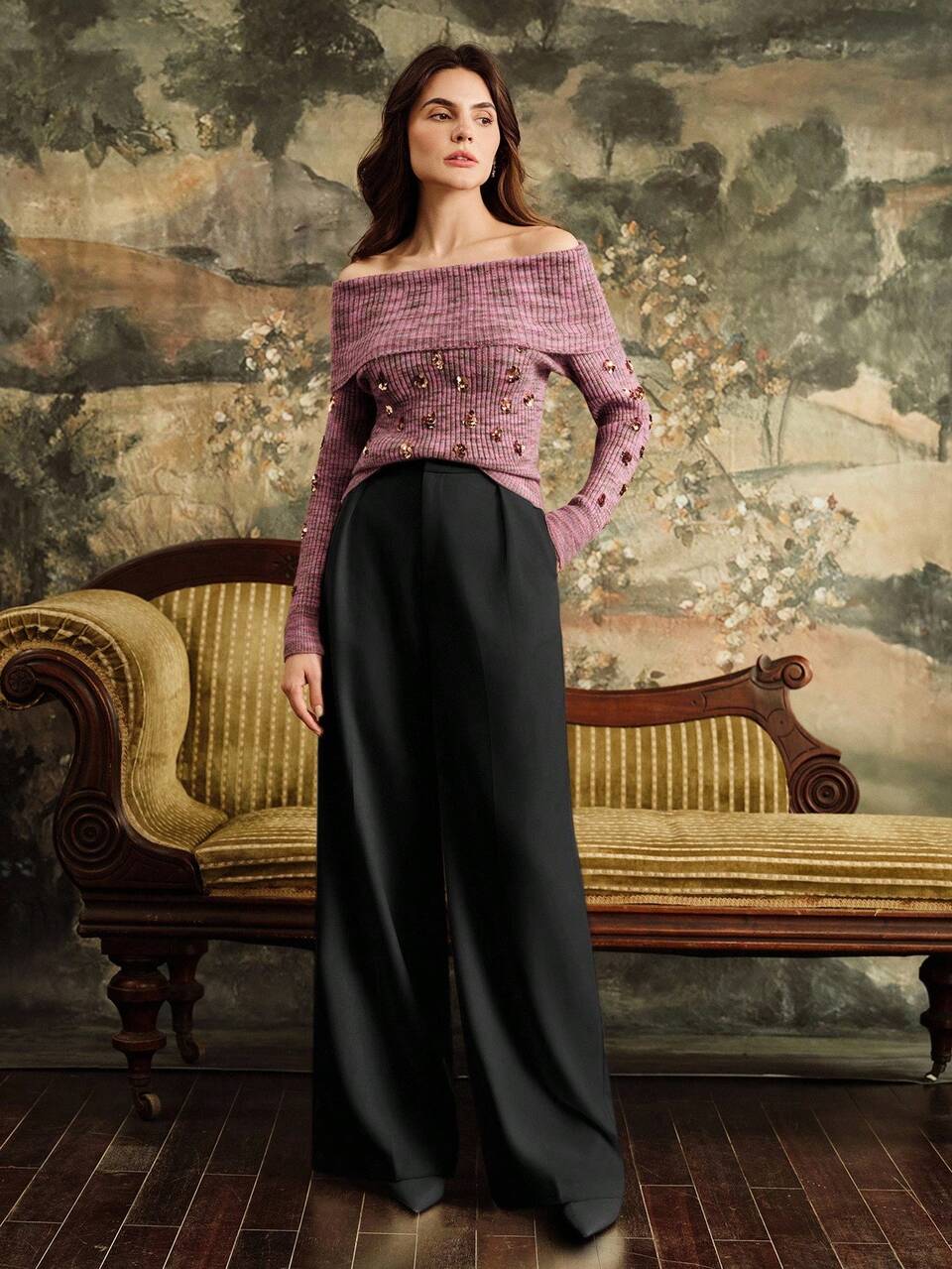 Women's Fashionable Elegant Floral Off Shoulder Pearl Embroidered Knit Sweater