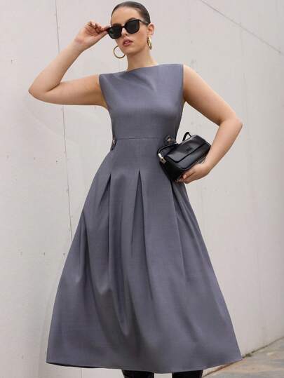 Aveloria Modichic Plus Size Women's Elegant Sleeveless Round Neck Waist Cinched Dress With Leather Trim And Pleated Hem, Sophisticated Commuter Style, Dark Grey