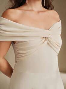 Anewsta 露肩优雅性感结饰弹力杏色连衣裙，适合婚礼、毕业典礼 - 杏色 - 查看 2