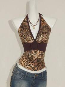 SHEIN ICON Áo hở lưng cổ chữ V sâu màu vàng nâu bó sát, phong cách hiện đại Y2K, phong cách cổ điển gợi cảm, thời trang xuân hè cho nữ, họa tiết da báo cá nhân hóa, họa tiết hổ, màu tương phản, thời trang thiên niên kỷ - màu nâu - Xem 3