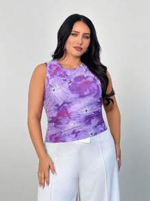 SHEIN Privé Áo không tay thanh lịch dành cho nữ cỡ lớn, chất liệu vải lưới co giãn xếp ly in họa tiết ngẫu nhiên, thích hợp cho mùa xuân/hè đi biển, nghỉ mát, dạo chơi thường ngày. - Màu tím - Xem 4
