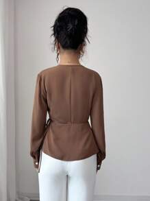 Elenzga Camisa elegante francesa de mujer con cintura ceñida y mangas largas, blusa elegante y con estilo - Café integral - Ver 2