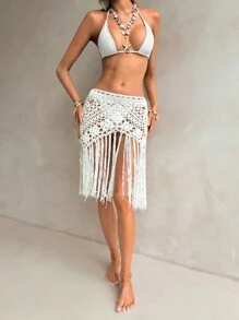 Swim Chiccia 女士镂空针织流苏下摆罩衫裙套装，适合海滩和度假 - 米色 - 查看 6
