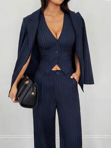 SHEIN PETITE Women's Casual Commuter Striped Jacket, Vest And Pants Suit Women Three Pieces Set Pinstripe Pantsuit, Winter Clothes For Women,Zip-Up,Casual Outfit For Women,Elegant Women's Set,Business Old Money Style Suit