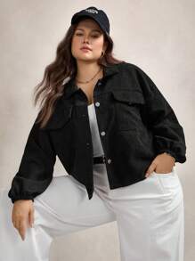 Zelara Plus Size Women's Loose Fit Drop Shoulder Textured Long Sleeve Casual Jacket For Fall Winter Autumn - Black - View 4