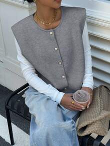 Siren Gaze Women's Casual Solid Color Short Wool Metal Button Sweater Vest,Fall Winter Casual Spring - Light Grey - View 4