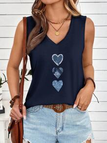 EMERY ROSE Casual Versatile Blue Faux Mechanical Heart Graphic V-Neck Tank Top For Women, Suitable For Summer Navy Blue Tank Top - Navy Blue - View 4