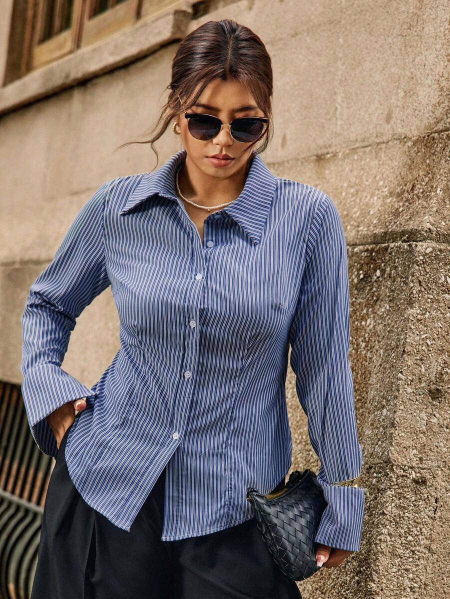 Easura Plus Size Striped Print Buttoned Front Fitted Long Sleeve Shirt Fall Cloth For Women - Multicolor - View 1