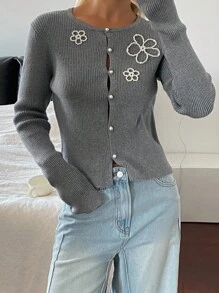 DAZY Cardigan tricoté élégant à col rond, manches longues, décoré de fleurs perlées, pour femmes, automne/hiver - Gris - Voir 7