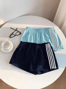 Comfortcana 2pcs Women's Summer Contrast Color Waistband Shorts - Blue - View 6