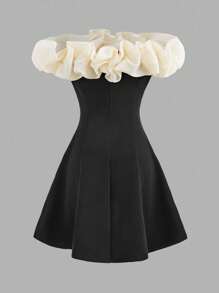 SHEIN Tween Girls' Fashionable & Elegant Off Shoulder Ruffle Hem Short Dress - Black and White - View 2