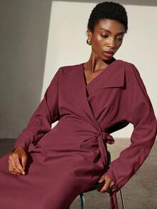 GENKIRA Cross Waist Slim Retro High-End 2 In 1 Lapel Long Sleeve Dress Dresses For Women Elegant  - Burgundy - View 1
