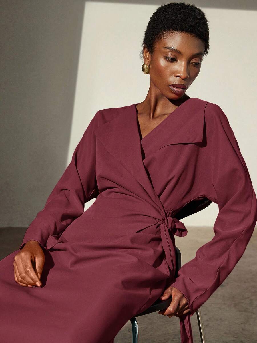 GENKIRA Cross Waist Slim Retro High-End 2 In 1 Lapel Long Sleeve Dress Dresses For Women Elegant - Burgundy - View 1