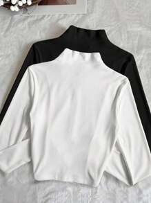 INAWLY Women's Black & White Zip-Up Casual Sports Fitted Long Sleeve Jacket, Thin Outerwear For Autumn Fall Winter Cloth For Women - White - View 2