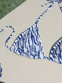 SHEIN Swim Summer Beach Zebra Stripe Smocked Bikini Set Halter Triangle Bra & Tie Side Bikini Bottom 2 Pieces Bikini