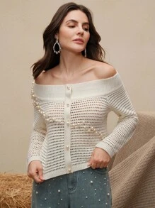 Anewsta Pulover elegant și versatil pentru femei, bej, cu ținte, cu umeri goi, toamnă/iarnă - Bej - Vizualizare 6