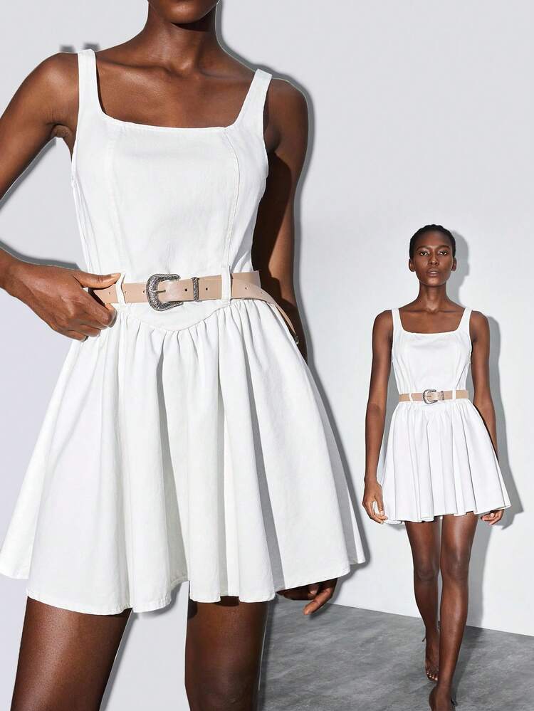 SHEIN Maija Women's White Denim Dress With Belt Sleeveless Waisted French Suspender Dress Ballet Style Dress Back To School Clothes All White Party Outfit Women, Going Out