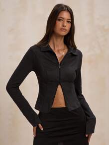 SHEIN BAE Women's Autumn Simple Casual Solid Color Zipper Long Sleeve Black Jacket,Chic Elegant Slim Fit Out Wear,Winter Night Out Fashion Jacket - Black - View 5