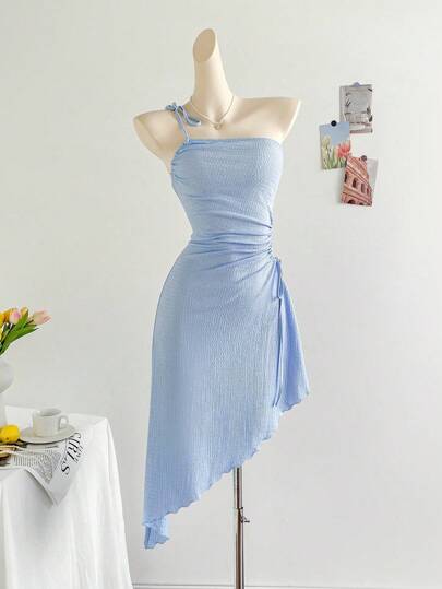 Soleia 女士单肩系带抽绳镂空腰不对称斜下摆中长款度假连衣裙，适合度假、下午茶、音乐节、波西米亚风