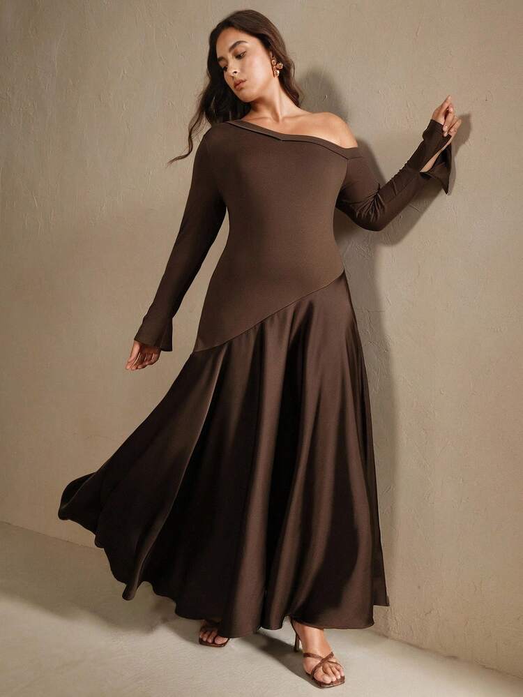 High-EndKnitted & Woven Patchwork Sexy Slim-Fit HighWaist Slash Shoulder Long Sleeve Dress InCoffee Color