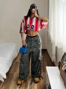 StreetHx 女式 V 领红白撞色数字印花宽松 T 恤 - 彩色 - 查看 4