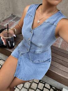 Dripcurv 大码女式弹力牛仔 V 领不对称设计短裙两件套，水洗牛仔竹纤维面料，夏季牛仔上衣和短裤套装 - 藍色 - 查看 1