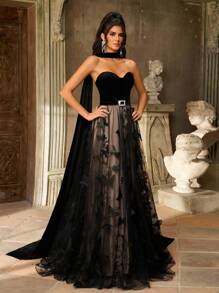 Aureia 优雅奢华刺绣蕾丝和天鹅绒拼布喇叭裙，适合婚礼、派对、度假、舞会、正式活动（重刺绣），黑色 - 黑色 - 查看 8