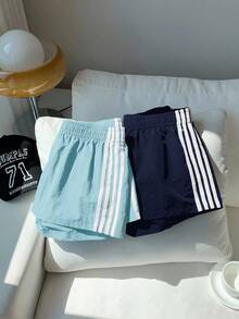 Comfortcana 2pcs Women's Summer Contrast Color Waistband Shorts - Blue - View 5